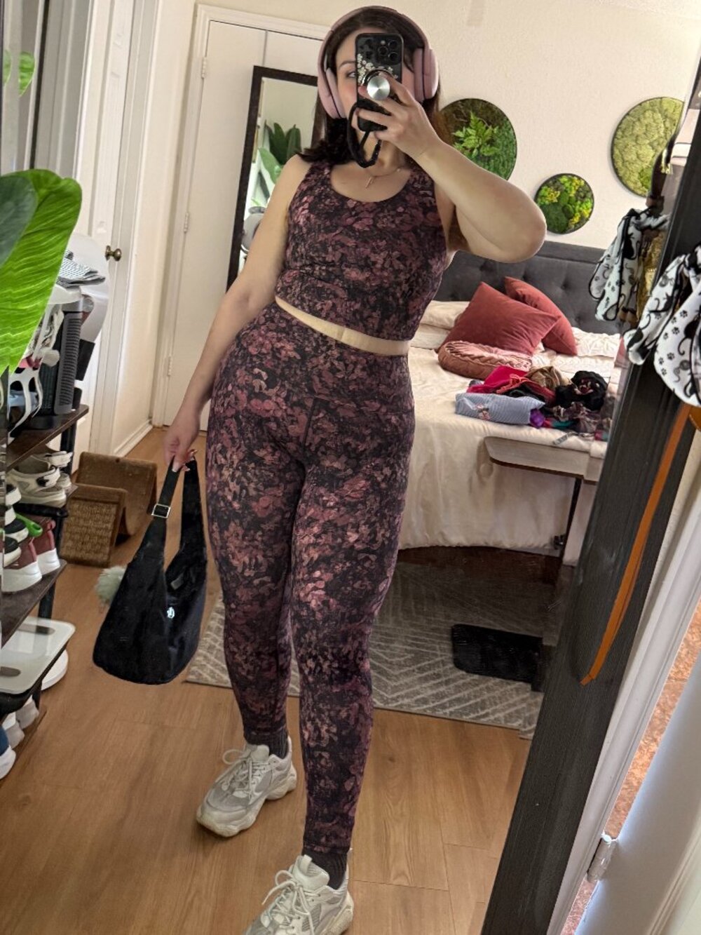 RBX Set Sz L Mauve Black Floral Print Leggings + Sports Bra Crop Top Matching